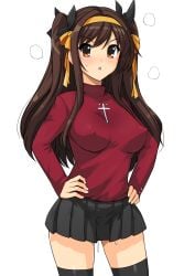 :o black_bow black_skirt black_thighhighs blush bow breasts brown_eyes brown_hair contrapposto cosplay covered_nipples cowboy_shot cross fate/stay_night fate_(series) female hair_intakes hair_ornament hairband hairbow hands_on_own_hips haruhisky highres long_hair long_sleeves looking_at_viewer medium_breasts miniskirt no_bra open_mouth orange_bow orange_hairband pleated_skirt pussy_juice pussy_juice_trail red_shirt shirt sidelocks simple_background skirt solo steam suzumiya_haruhi suzumiya_haruhi_no_yuuutsu sweatdrop swept_bangs thighhighs tohsaka_rin tohsaka_rin_(cosplay) turtleneck twintails v-shaped_eyebrows white_background zettai_ryouiki