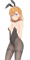areola_slip bare_arms bare_shoulders belly_button_visible_through_clothing black_leotard blush breasts bunny_ears bunnysuit choker cleavage closed_mouth collarbone coro_fae embarrassed female leotard love_live! love_live!_superstar!! medium_hair orange_hair pantyhose purple_eyes shibuya_kanon small_breasts strapless_leotard sweatdrop thighband_pantyhose thighs