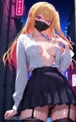 ai_generated black_stockings blonde_hair breasts breasts_out color colored female girl hell-pantsu hi_res hoshino_ruby mask masked multicolored_hair oshi_no_ko panties pink_eyes skirt skirt_up stockings