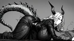 1boy 1boy1girl 1girls ai_generated big_breasts big_penis big_tail bigger_female black_clothing black_dress blowjob breasts dark_skin demon demon_girl demon_horns demon_queen dragon_girl dragon_horns female goblin goblin_male handjob horn horns long_hair male monster mr_none smaller_male white_hair