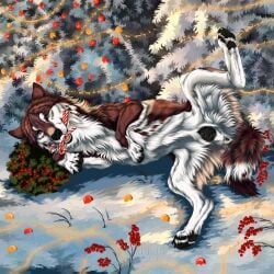 1:1 2024 animal_genitalia animal_pussy anus artist_name black_nose black_pawpads black_pussy blue_eyes brown_body brown_fur candy_cane_in_mouth canid canine canine_genitalia canine_pussy cheek_tuft christmas christmas_tree dated facial_tuft fangs female feral front_view fur genitals hi_res holidays looking_at_viewer lying mammal msdeadsoul neck_tuft on_side outside pawpads plant presenting presenting_anus presenting_pussy pussy shrub snow solo spread_legs spreading teeth text tree tuft white_body white_fur