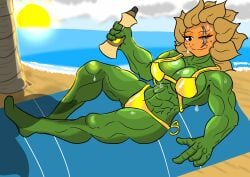 1girls anthro anthrofied ass beach bikini blind_eye breasts female fit fit_female flora_fauna golden_bikini golden_week major_sweetie_(pvz) muscular muscular_female plant plant_girl plant_humanoid plantie plants_vs._zombies plants_vs_zombies popcap_games pussy scar scar_across_eye scar_on_face sunflower_(pvz) sweat