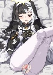 absurdres after_sex arrow_cross asymmetrical_gloves bed_sheet black_capelet black_hair blush borrowed_character braid braided_ponytail capelet celtic_cross censored closed_eyes closed_mouth coif cross cum cum_in_pussy cumdrip doll_joints facial_mark facing_viewer feet_out_of_frame female gloves halo hands_on_own_chest highres hourglass joints kusugi_tai legs_up long_sleeves lying mismatched_gloves mosaic_censoring multicolored_hair nun on_back on_bed open_mouth original pantyhose pillow smile stole torn_clothes torn_pantyhose two-tone_hair veil violet_(ac8231) white_hair white_pantyhose