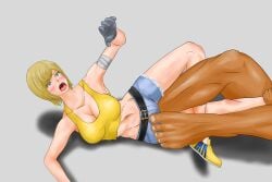 1boy 1girls artist_request blonde_hair breasts cleavage crotch_hit dark-skinned_male female figure_four_leglock first_porn_of_character joint_lock linda_rotta male mixed_wrestling pixiv pro_wrestler pro_wrestling rikiya_busujima ryona sega the_house_of_the_dead zombie_revenge