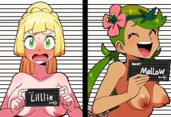 2girls ai_generated barbie_(franchise) breasts dark-skinned_female dark_skin duo lillie_(pokemon) looking_at_viewer mallow_(pokemon) medium_breasts meme mugshot mullon nipples novelai pokemon pokemon_ss smile topless