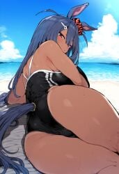 ai_generated animal_ears beach bikini dark-skinned_female dark_skin female hairband hairpin hishi_amazon_(umamusume) looking_back_at_viewer orange_eyes umamusume umamusume_pretty_derby