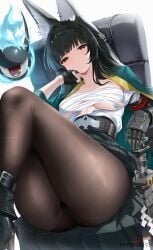 1girls armored_gloves bandage_bra big_ass black_chair black_hair black_pantyhose black_skirt chair cyicheng female fingerless_gloves fox_ears fox_girl hoshimi_miyabi katana long_hair medium_breasts pale-skinned_female pantyhose red_eyes sitting spirit sword thick_thighs white_shirt zenless_zone_zero