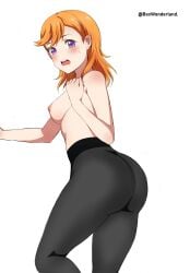 ass ass_focus bare_arms bare_shoulders big_ass black_pantyhose blush body_blush box_wonderland breasts contrapposto high-waist_pantyhose love_live! love_live!_superstar!! medium_breasts medium_hair nipples open_mouth orange_hair pantyhose pantyhose_only purple_eyes shibuya_kanon sweatdrop thighs topless