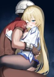1boy ass black_pantyhose blonde_hair blush breasts butt_crack clothed_sex colette_brunel female fingerless_gloves gloves helmet long_sleeves male nipples one_eye_closed open_clothes open_mouth open_shirt pantyhose shirt short_sleeves small_breasts straddling straight tales_of_(series) tales_of_symphonia torn_clothes torn_pantyhose upright_straddle valueless0000 white_shirt wince