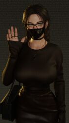 1girls 3d 3d_(artwork) amulet black_choker black_glasses black_heels black_mask black_shoes blender blender_eevee braid braided_hair braided_ponytail braided_twintails braids brown_hair brown_skirt brown_socks brown_sweater choker covering_mouth cute ear_piercing earrings english_text face_mask facemask female female_focus female_only from_behind fully_clothed glasses green_eyes heels high_heels horny_female huge_ass huge_breasts latex_mask lip_piercing lip_ring long_socks looking_at_viewer lots_of_jewelry mask necklace nose_blush nose_piercing nose_ring original_character osimai pencil_skirt ring ring_piercing runa_(osimai) sitting socks stockings sweater tall_girl text thigh_highs thighhighs thought_bubble tight_clothing tight_skirt tight_sweater twintails