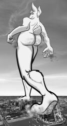 2013 anthro ass big_feet biped building city city_destruction conejito destruction digital_drawing_(artwork) digital_media_(artwork) feet fur greyscale hair hi_res lagomorph leporid low-angle_view macro male mammal monochrome nude outside paws plantigrade rabbit rampage rear_view solo story story_in_description tail tyrnn walking water