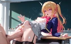 ahe_gao ahe_gao ai_generated ass belly_button black_stockings blonde_hair breasts bulge bulge_through_clothing classroom clitoris color colored female girl hell-pantsu hi_res hoshino_ruby multicolored_hair nipples oshi_no_ko penis penis_in_pussy pink_eyes pubic_hair pussy skirt stockings