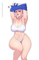 2d busty capcom female hourglass_figure manon_legrand pink_hair shmoxi sitting street_fighter street_fighter_6 undressing wide_hips