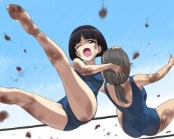 2girls a1_(initial-g) ass barefoot black_hair blue_eyes blue_one-piece_swimsuit blush catfight dirty dirty_feet feet girls_und_panzer grey_hair multiple_girls one-piece_swimsuit one_eye_closed open_mouth piyotan_(girls_und_panzer) ponytail soles sono_midoriko swimsuit toes wrestling