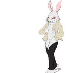 absurd_res balls bottomwear bottomwear_down buckteeth capcom clothed clothing devil_may_cry foreskin genitals hi_res lagomorph leporid mammal open_clothing open_shirt open_topwear pants pants_down partially_clothed penis rabbit shirt smile tapering_penis teeth topwear twerpishimp undressing white_rabbit_(dmc)