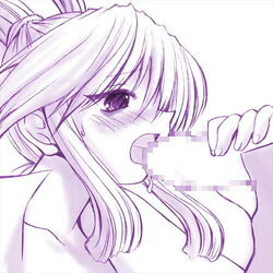 1boy 1girls artist_request bangs blush censored clothed_sex erection fellatio monochrome mosaic_censoring penis pop'n_music roki_(pop'n_music) simple_background straight tagme white_background