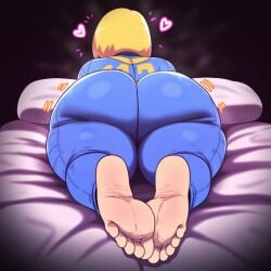 ai_generated ass big_ass d-art_style fallout fat_ass feet feet_together on_stomach soles vault_dweller vault_girl vault_meat vault_suit woman