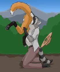 2025 anthro anthro_pred anthro_prey ass balls belt blue_eyes bodily_fluids bottomwear bulge canid canine claws clothed clothing duo feyrin_(homedragon) fox fur genitals grey_body grey_fur hat head_first headgear headwear hi_res kneeling male male/male male_anthro male_pred male_prey mammal markings mountain neck_bulge nude_anthro nude_male open_clothing open_shirt open_topwear oral_vore orange_body orange_fur outside pants partially_inside procyonid raccoon ranger_rick ranger_rick_(character) saliva same_size_vore shirt strega striped_markings striped_tail stripes tail tail_markings topwear vore whiskers