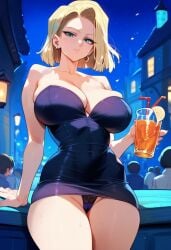 2d ai_generated android_18 big_breasts black_panties blonde_hair breasts dragon_ball dragon_ball_z dress drink female female_focus juice medium_hair night panties pantyshot short_dress short_hair tagme