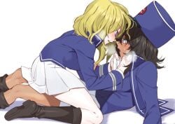 10s 2girls andou_(girls_und_panzer) bad_id bad_twitter_id bc_freedom_(emblem) bc_freedom_military_uniform black_hair blonde_hair blouse blue_eyes blue_hat blush brown_eyes catfight competitive competitive_intercourse dark-skinned_female dark_skin emblem eye_contact from_side girls_und_panzer hair_between_eyes hat high_collar jacket long_sleeves looking_at_another messy_hair miniskirt multiple_girls open_mouth oshida_(girls_und_panzer) pleated_skirt sexfight shirt shutou_(haru_nenne) simple_background skirt sweatdrop white_background white_shirt yuri