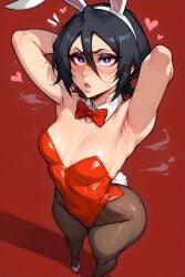 ai_generated armpits arms_up athletic_female bare_thighs black_hair bleach blush bunny_ears bunny_girl bunny_tail bunnysuit huge_thighs kuchiki_rukia light-skinned_female light_skin looking_at_viewer medium_breasts open_mouth purple_eyes rabbit_ears short_hair shounen_jump solo_female squatting sweat sweatdrop thick_thighs thighs voluptuous voluptuous_female yashugai