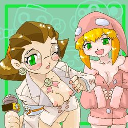 2girls areola blonde_hair breasts brown_hair busty cleavage female glasses green_eyes mega_man mega_man_legends multiple_girls nipples reporter roll_caskett skull_earrings tron_bonne voluptuous wink