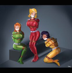 3girls alex_(totally_spies) arms_behind_back black_hair blonde_hair bondage bound bound_arms box_tie clover_(totally_spies) female female_only femsub fully_clothed gag gagged gloves multiple_girls red_hair rope sam_(totally_spies) shiny_clothes tape_gag tight_clothing tightnudel totally_spies