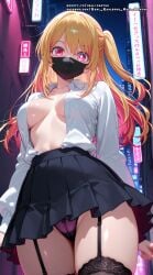 ai_generated black_stockings blonde_hair breasts breasts_out color colored female girl hell-pantsu hi_res hoshino_ruby mask masked multicolored_hair oshi_no_ko panties pink_eyes skirt skirt_up stockings