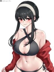 absurdres bare_shoulders bikini black_bikini black_hair blush breakthrough_rr breasts cleavage collarbone cowboy_shot highres jacket large_breasts nervous_smile red_eyes red_jacket riro_(breakthrough_rr) side-tie_bikini_bottom simple_background smile spy_x_family swimsuit white_background yor_briar yor_forger