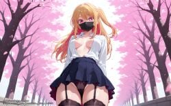 ai_generated black_stockings blonde_hair breasts breasts_out color colored female girl hell-pantsu hi_res hoshino_ruby mask masked multicolored_hair oshi_no_ko panties pink_eyes skirt skirt_up stockings