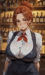 ai_art ai_generated amber_eyes bartender bigbizarts blush breasts curvy ginger_hair hi_res high_quality looking_at_viewer messy_bun messy_hair oc open_shirt original_character