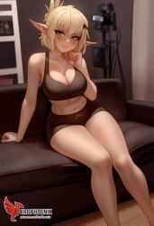 1girls 2d ai_generated ankama ass big_ass big_breasts breasts cleavage elf erophoenix evangelyne feet female female_focus freckles full_body green_eyes indoors looking_at_viewer looking_back midriff navel nude pale_skinned_female panties patreon_username pointy_ears smile smile_at_viewer soles solo solo_female thick thick_thighs uncensored wakfu