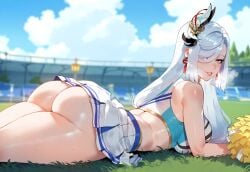 1girls ai_generated alternate_costume armpit_crease ass bangs bare_arms bare_shoulders blue_eyes blue_skirt blue_sky blush braid breasts breath cheerleader cheerleader_outfit cheerleader_uniform clothes_lift clothing cloud crop_top curvaceous curvaceous_female curvaceous_figure curvy curvy_figure day earrings female female female_focus female_only from_behind genshin_impact grass hair_ornament hair_over_one_eye heavy_breathing holding_pom_poms huge_ass inviting inviting_to_sex jewelry large_breasts long_hair looking_at_viewer looking_back lying midriff miniskirt miyuai no_panties on_grass on_stomach outdoors parted_lips pleated_skirt pom_pom_(cheerleading) pom_poms ponytail presenting presenting_ass presenting_hindquarters presenting_self seductive seductive_look seductive_smile shenhe_(genshin_impact) shirt skirt sky sleeveless smile solo sportswear stadium sweat tassel tassel_earrings thick_thighs thighs very_long_hair voluptuous voluptuous_female white_hair white_skirt