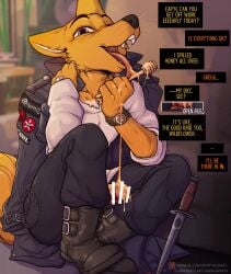 1boy animal_ears bar_censor black_boots black_coat black_pants boots censored coat dagger english_commentary erection fangs fox_boy fox_ears fox_tail furry furry_male gregg_lee highres honey honey_dipper knife licking looking_at_viewer male_focus night_in_the_woods open_mouth pants penis planted planted_knife shirt spiritd tail tongue tongue_out weapon whiskers white_shirt