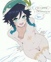 2boys ai_assisted androgynous bangs beret black_hair blue_hair blush braid chest_tattoo completely_nude disembodied_limb english_text feminine_male flaccid flower genshin_impact grabbing_another's_chin gradient_hair green_eyes green_headwear hair_flower hair_ornament hand_on_another's_chin hat heart looking_at_viewer male male_focus multicolored_hair multiple_boys navel nipples nude open_mouth otoko_no_ko penis side_braids simple_background sitting small_penis smile solo_focus sondu speech_bubble sweat symbol-shaped_pupils tattoo testicles trap twin_braids twink venti_(genshin_impact) white_background yaoi