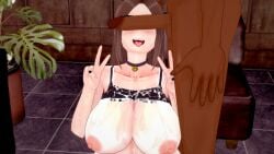 black_bra blacked blacked_clothing brown_hair cum_on_body dark-skinned_male koikatsu male nimu nimu_(irl) open_mouth peace_sign penis_in_face sofía_magaly_santillán_(nimu)