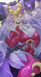 cat_ears cleavage duel_monster fully_clothed golden_eyes haijiru334 large_breasts lunalight lunalight_perfume_dancer mask purple_hair purple_skin sticking_out_tongue tight_clothing yu-gi-oh!