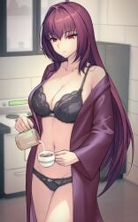 1girls belly_button big_breasts bra breasts busty cleavage curvy dynamitenatalia fate/grand_order fate_(series) kitchen lingerie long_hair morning open_robe panties purple_hair red_eyes robe scathach_(fate) solo tea underwear