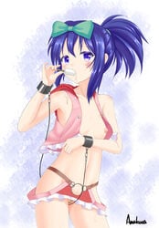 amakusa_shio bandaid bandaid_on_pussy blue_eyes blue_hair bow breasts cuffs female food hairbow hip_vent kunihiro_hajime looking_at_viewer nipples no_bra no_panties ponytail popsicle revealing_clothes saki shackles small_breasts solo