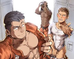 2boys abs bara blush hana_(artist) helmet konohanaya locker locker_room looking_at_viewer male_only multiple_boys self_shot smile sweat undressing