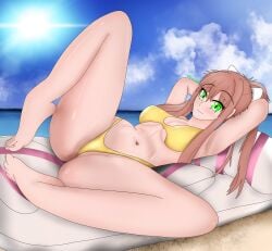 1girls alternate_version_at_source alternate_version_available arms_behind_head barefoot beach beach_towel belly_button big_breasts bikini bikini_bottom bikini_top blush breasts brown_hair chilling cloudy_sky doki_doki_literature_club female female_only full_body green_eyes innie_belly_button laying_down laying_on_back looking_at_viewer monika_(doki_doki_literature_club) nail_polish on_back pillows pink_nails raised_eyebrows relaxing sky smile solo solo_female spread_legs synnkeh toenail_polish toenails towel white_bow white_ribbon yellow_bikini yellow_bikini_bottom yellow_bikini_top