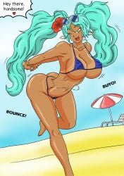 1girls beach beach_chair beach_umbrella bikini_bottom bikini_top blue_hair blue_hair_female brazil brazilian brazilian_female brazilian_miku color flower_in_hair hatsune_miku solo_female sunglasses sunglasses_on_head tan tan_body tan_skin tanline thewritefiction twintails vocaloid