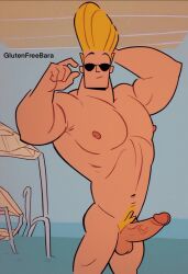 1boy ai_generated bara erection glutenfree_bara johnny_bravo johnny_bravo_(series) male_focus male_only muscle nude penis solo sunglasses