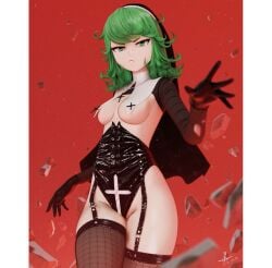 1girls breasts_out curly_hair female female_only green_eyes green_hair leather_clothing medium_breasts nun nun_outfit one-punch_man short_hair solo stockings tatsumaki thick_thighs