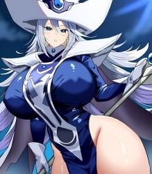 1girls ai_art ai_generated artstyle_imitation ass big_breasts bimbo blue_dress blue_eyes blush breasts covered_nipples dress duel_monster erect_nipples gigantic_breasts gloves grey_hair hair_between_eyes hat hip_vent huge_ass huge_breasts large_breasts long_hair looking_at_viewer nai_diffusion novelai pamelafb self_upload silent_magician sky_(freedom)_(ai_style) solo staff tabard thick_thighs thighs very_long_hair white_gloves wide_hips witch_hat yu-gi-oh! yu-gi-oh!_duel_monsters