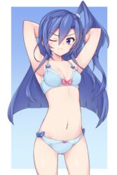 1girls arms_behind_head arms_up blue_bra blue_eyes blue_hair blue_panties blush bra breasts clothing female kazanari_tsubasa long_hair looking_at_viewer matching_underwear one_eye_closed panties pose redwaru senki_zesshou_symphogear