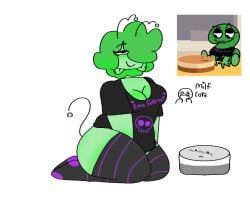 battle_for_dream_island bfdi big_ass big_breasts ear_piercing emo green_hair green_skin milf object_shows silly sitting_down thighhighs tpot two_(tpot) woman