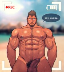 abs bara beach beard blush body_hair camera erection facial_hair foreskin looking_at_viewer male male_only muscle nipples nude outdoors pecs penis piercing recording summer sweat testicles toto_(artist)