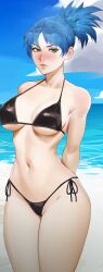 beach big_breasts bikini black_bikini blue_hair blush cloud female green_eyes hands_behind_back king_of_fighters leona_heidern light-skinned_female light_skin long_hair sand thighs tied_hair underboob water