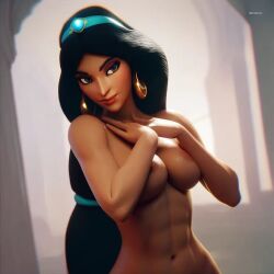 1girls abs ai ai_generated aladdin aladdin_(1992_disney_film) arabian arabian_female arms_covering_nipples black_hair breasts brown_eyes dark_skin dark_skinned_female disney earrings female female_only long_hair naked naked_female nipples nude nude_female princess princess_jasmine quinzo11